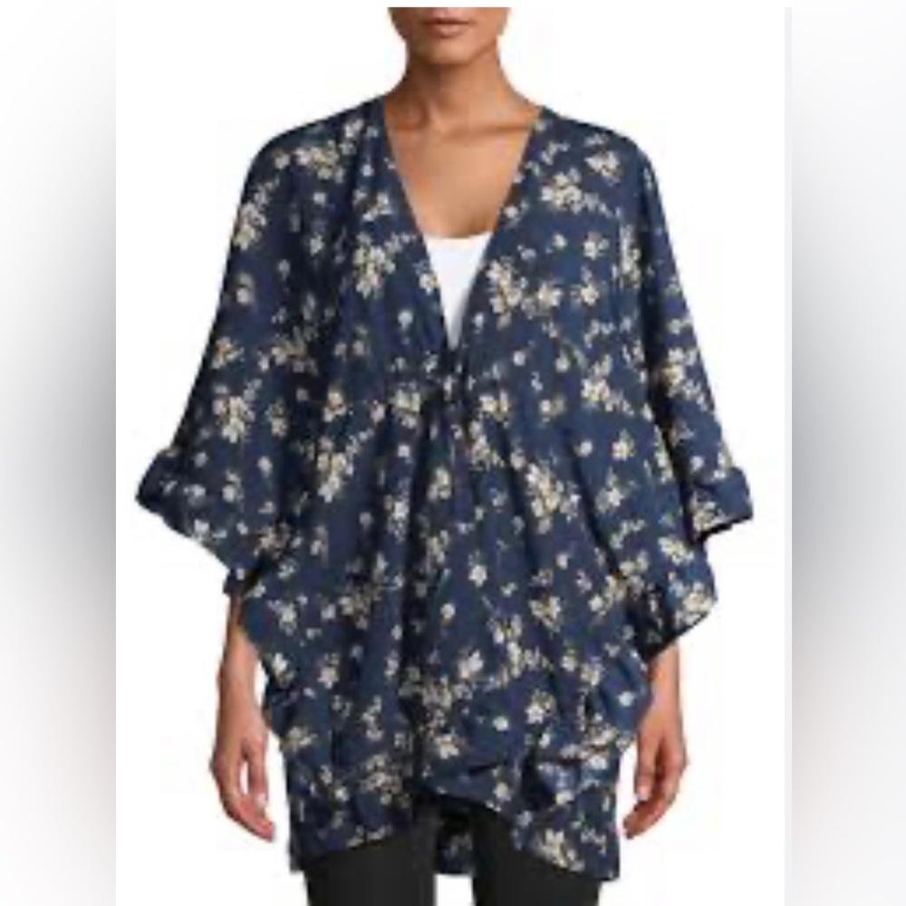 Women’s Boho Floral Print Open Front Kimono Cardigan Cover Up 2XG/3XG Navy
